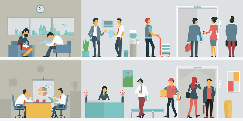 Flat design of bussiness people or office workers in interior building, various characters, actions and activities.